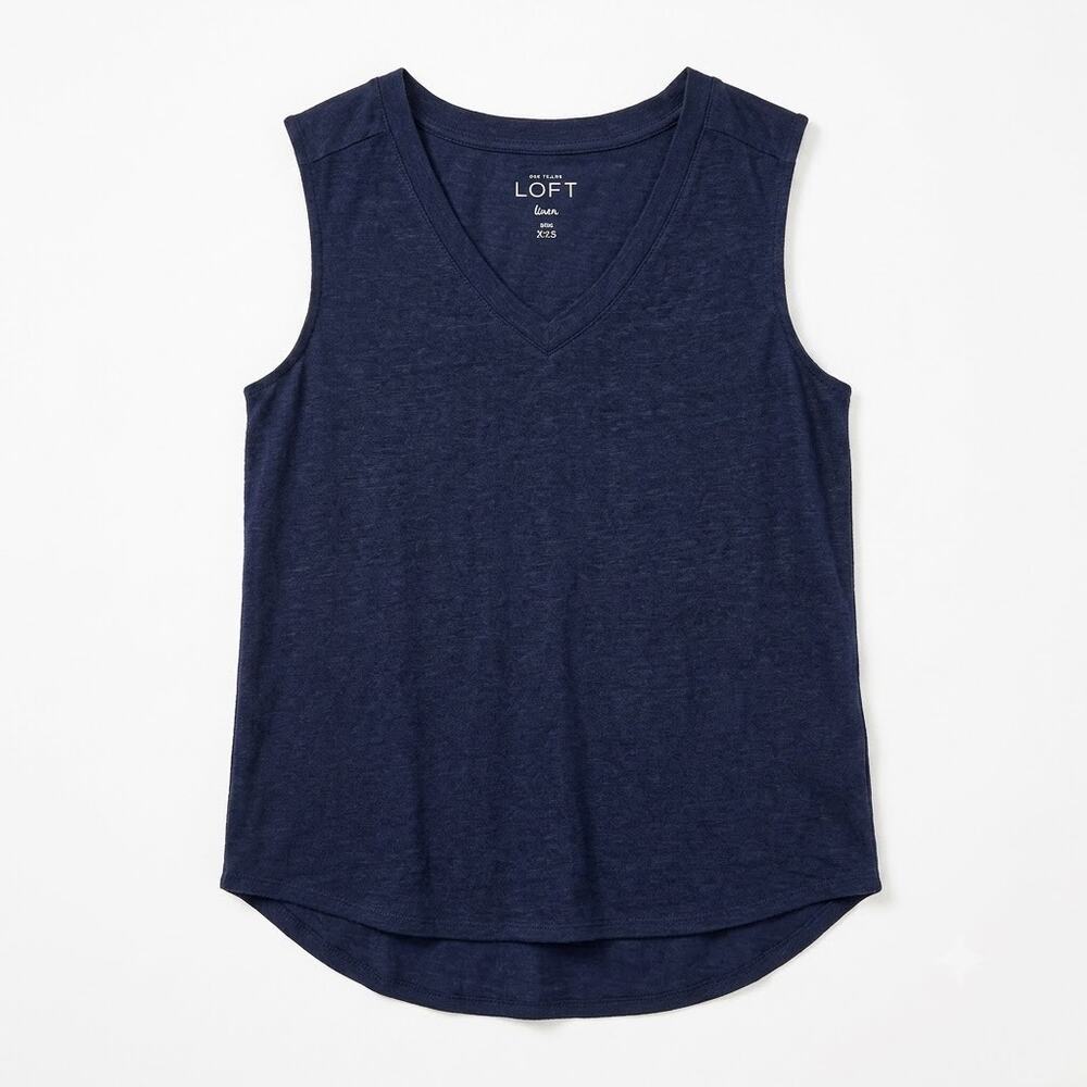 LOFT Linen Tank Top Blue V Neck High Low Curved Hem Basic Casual Womens XXS